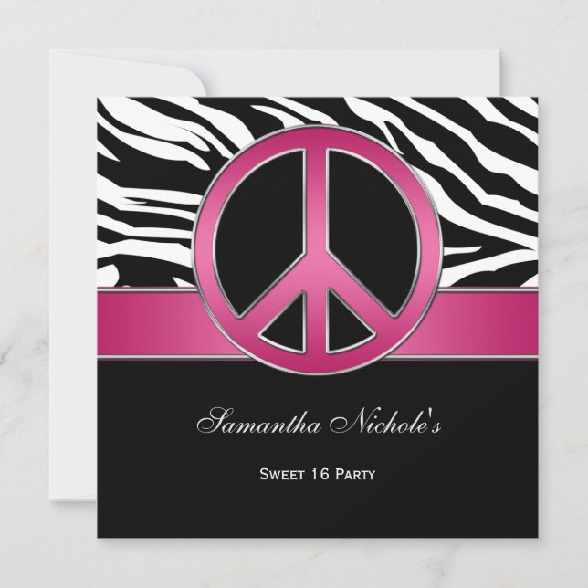 Sweet 16 Pink Peace Sign Black Zebra Einladung (Vorderseite)