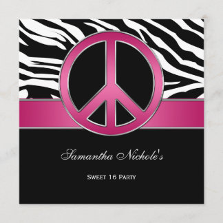 Sweet 16 Pink Peace Sign Black Zebra Einladung