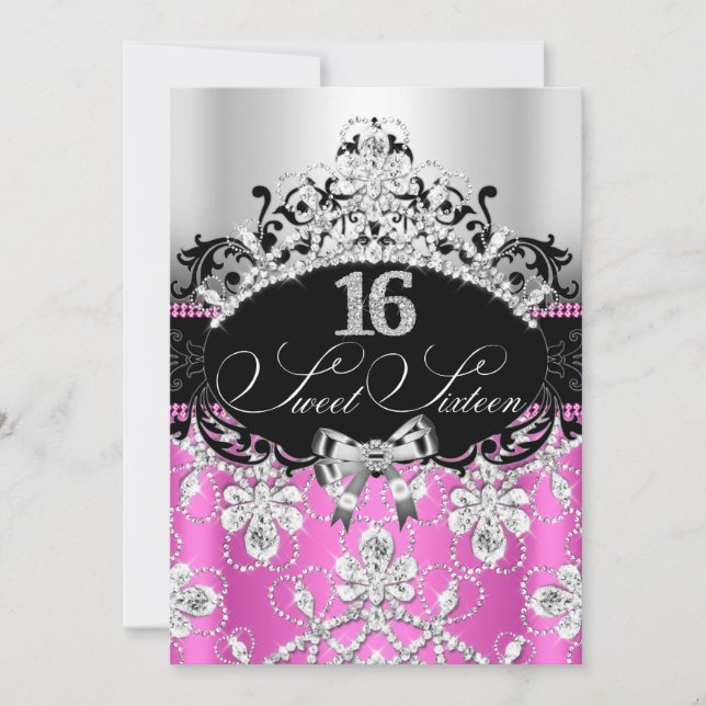 Sweet 16 Pink Silver Sparkle Tiara Birthday Einlad Einladung (Vorderseite)