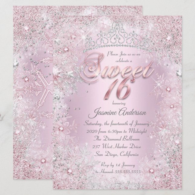 Sweet 16 Pink Silver Winter Wonderland Tiara Einladung (Vorne/Hinten)