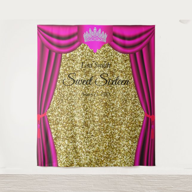 Sweet 16 Princess Crown Pink Vorhang Gold Glitzer Wandteppich (Vorderseite)