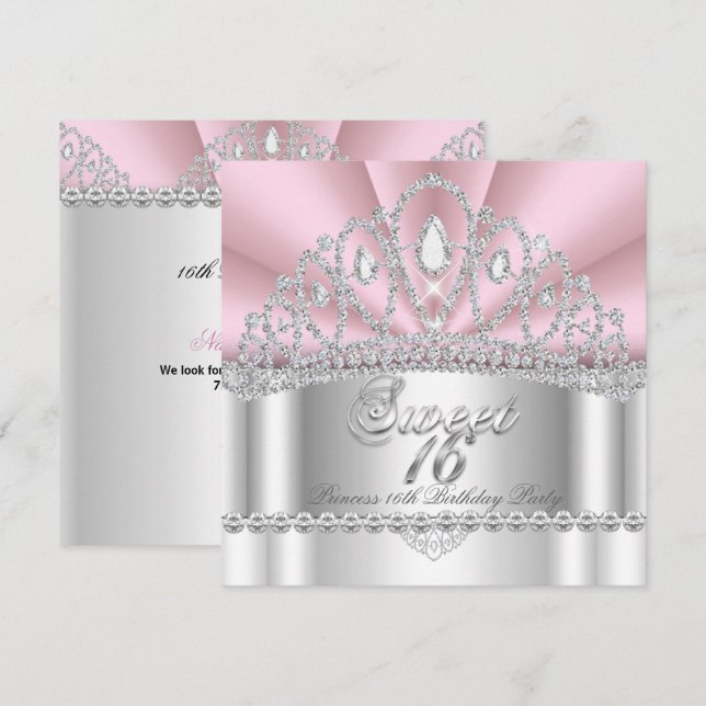 Sweet 16 Princess Pink White Diamond Tiara Einladung (Vorne/Hinten)