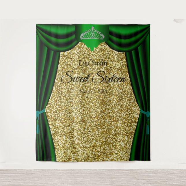 Sweet 16 Princess Tiara Green Vorhang Gold Glitzer Wandteppich (Vorderseite)