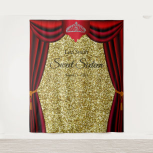 Sweet 16 Prinzessin Tiara Roter Vorhang Gold Glitt Wandteppich