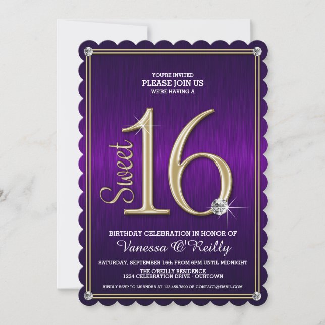 Sweet 16 Purple/Gold Metallic Party Invitations (Devant)