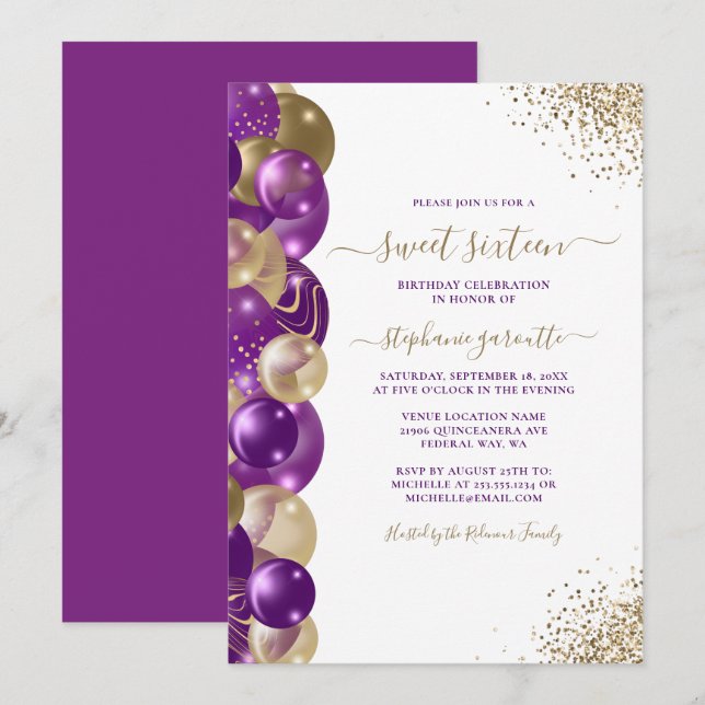 Sweet 16 Purple Gold Sparkle Balloon Invitation (Devant / Derrière)