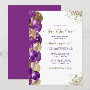 Sweet 16 Purple Gold Sparkle Balloon Invitation