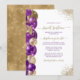 Sweet 16 Purple Gold Sparkle Balloon Invitation