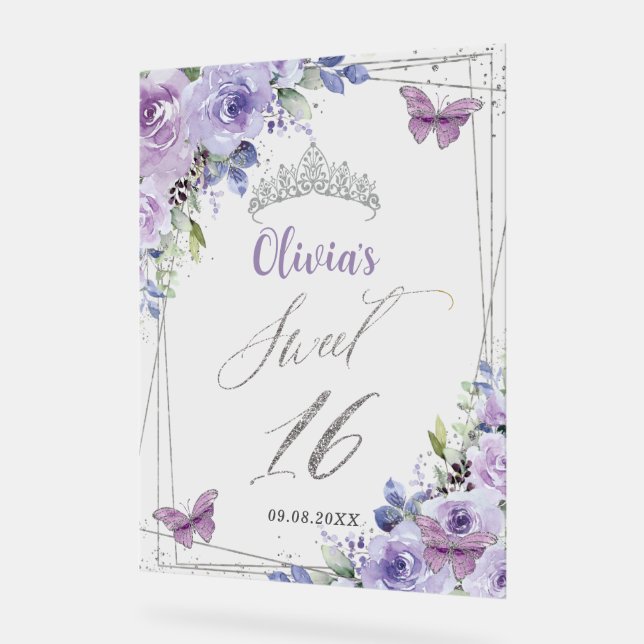 Sweet 16 Purple Lilac Floral Silver Willkommen Acrylschild (Winkel)