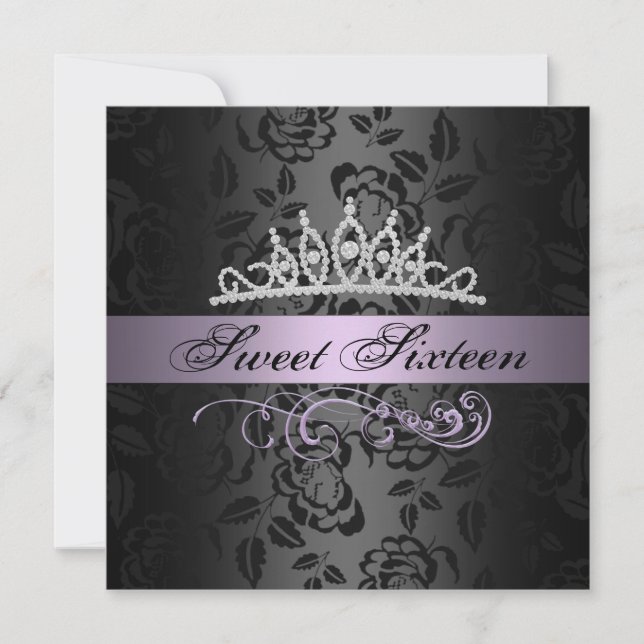 Sweet 16 Purple/Noir Tiara Invitation Anniversaire (Devant)