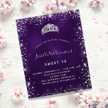 Sweet 16 purple silver tiara budget invitation flyer<br><div class="desc">Please note that this invitation is on flyer paper and very thin. Envelopes are not included. For thicker invitations (same design) please visit our store. For an elegant Sweet 16, 16th birthday. A purple background color, the purple color is uneven. Decorated with faux silver glitter dust and a tiara, crown....</div>