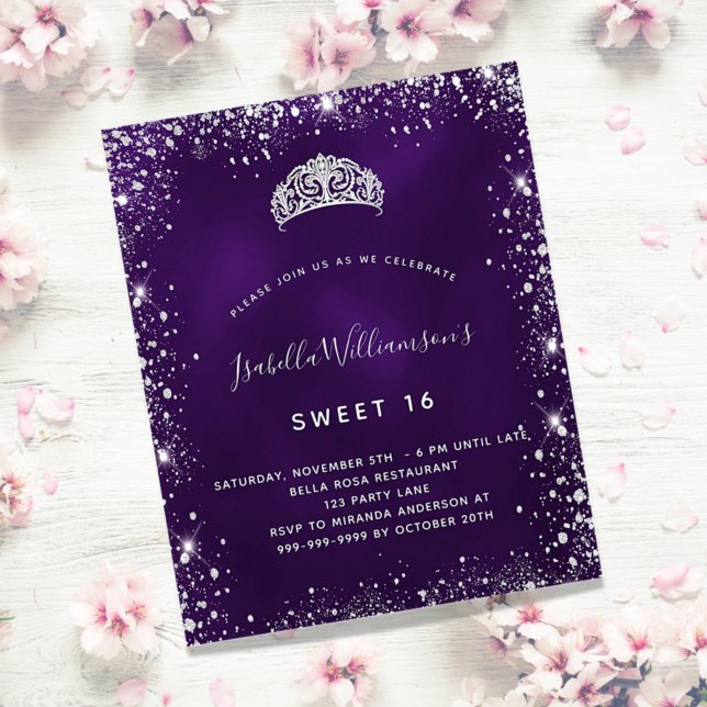 Sweet 16 purple silver tiara budget invitation flyer (Von Creator hochgeladen)