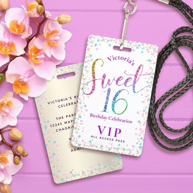 Sweet 16 Rainbow Glitzer Dots Birthday VIP Pass Ausweis (Von Creator hochgeladen)