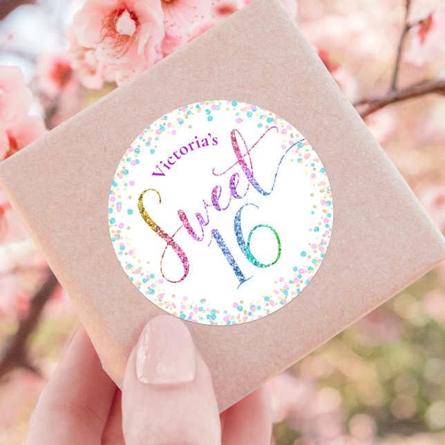 Sweet 16 Rainbow Ombre Glitzer Confetti Birthday Runder Aufkleber (Von Creator hochgeladen)