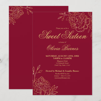 Sweet 16 Red and Gold Line Blume Flora Einladung