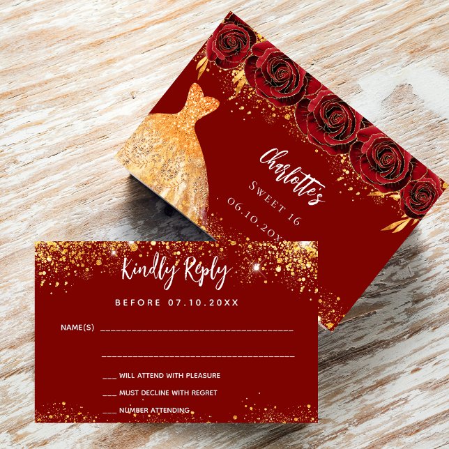 Sweet 16 Red Dress Blume Gold RSVP Karte (Von Creator hochgeladen)