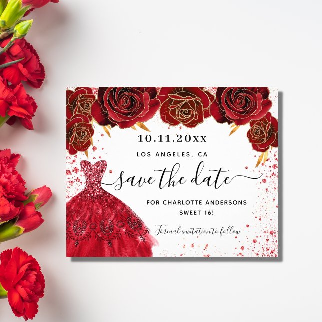 Sweet 16 Red Dress Weiß Save the Date Flyer (Von Creator hochgeladen)