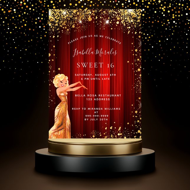 Sweet 16 Red Gold Glitzer Kleid Film Party Einladungspostkarte (Von Creator hochgeladen)