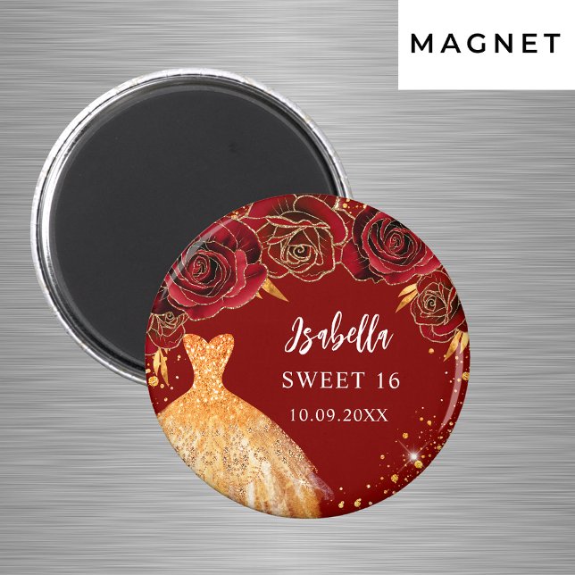 Sweet 16 Red Gold Glitzer Kleid Name Magnet (Von Creator hochgeladen)