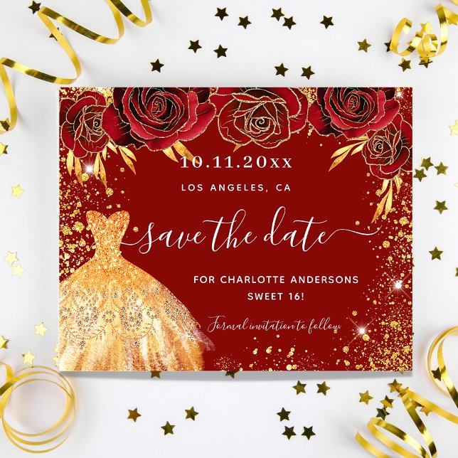 Sweet 16 Red Gold Kleid Budget Save the Date Flyer (Von Creator hochgeladen)