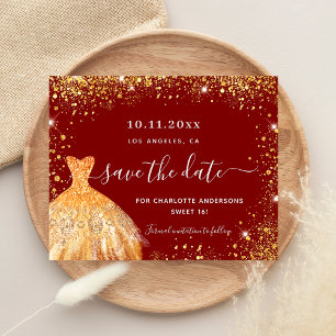 Sweet 16 Red Gold Kleid Save the Date Karte