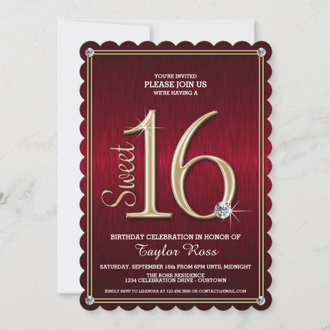 Sweet 16 Red/Gold Metallic Look Party Einladungen (Vorderseite)