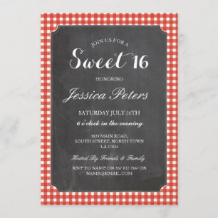 Sweet 16 Red Karo Lights Rustikale Chalk Einladung