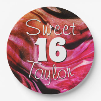 Sweet 16 Red & Orange Marble Personalized Pappteller