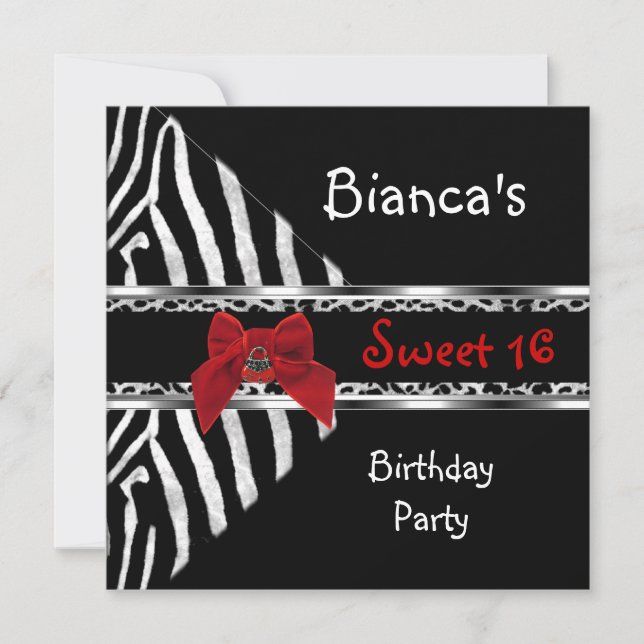 Sweet 16 Red Silver Black Zebra Leopard Geburtstag Einladung (Vorderseite)