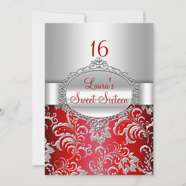 Sweet 16 Red & Silver Floral Ankündigungen (Vorderseite)