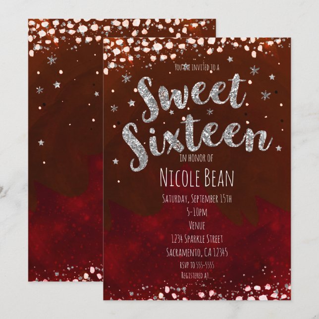 Sweet 16 Red & Silver Starry Night Einladungen (Vorne/Hinten)