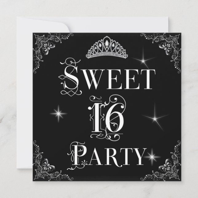 Sweet 16 Regal Schwarz-weiß Silver Tiara Einladung (Vorderseite)