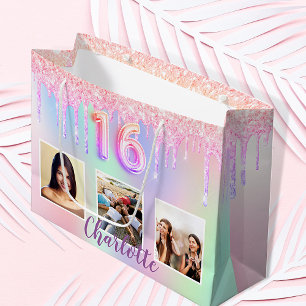Sweet 16 Regenbogen Glitzer Tropfen Foto Monogramm Große Geschenktüte