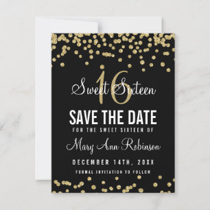 Sweet 16 "Rett Date" Gold Glitzer Confetti Black Save The Date