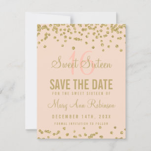 Sweet 16 "Rett Date" Gold Glitzer Confetti Blush Save The Date