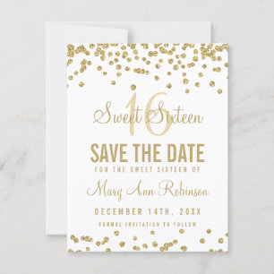 Sweet 16 "Rett Date" Gold Glitzer Confetti White Save The Date