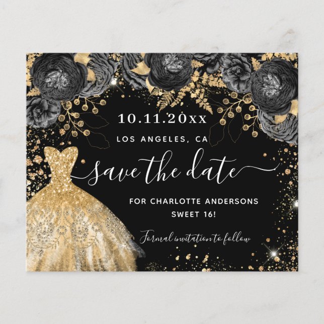 Sweet 16 robe d'or noir enregistrer la carte de da (Devant)