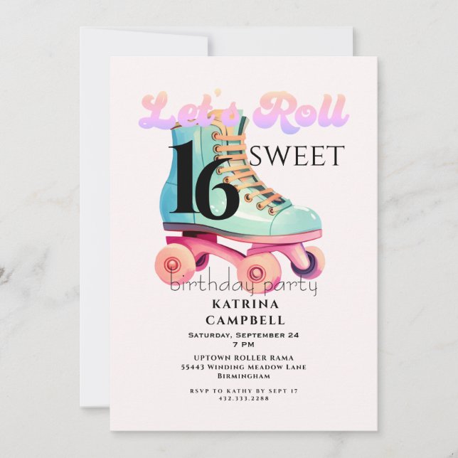 Sweet 16 Roller Skaten Birthday Party Einladung (Vorderseite)