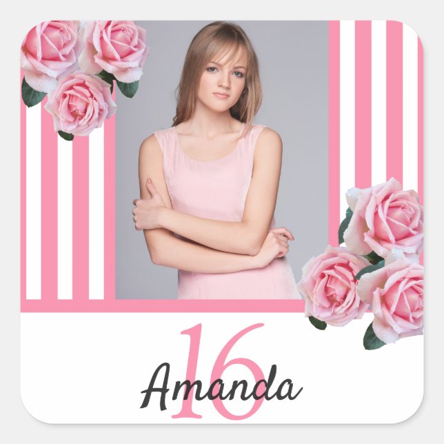 Sweet 16 rosa Blume Foto Streifen elegant Quadratischer Aufkleber (Vorderseite)