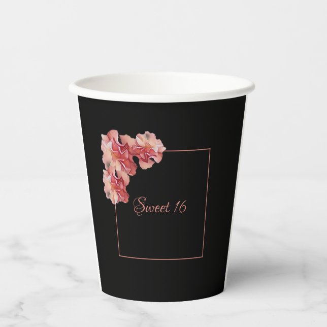 Sweet 16 rosa, blumenreich und schwarz pappbecher (Vorderseite)