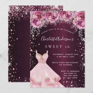 Sweet 16 rosa bordeauxfarbenes Kleid Glitzer mit B Einladung