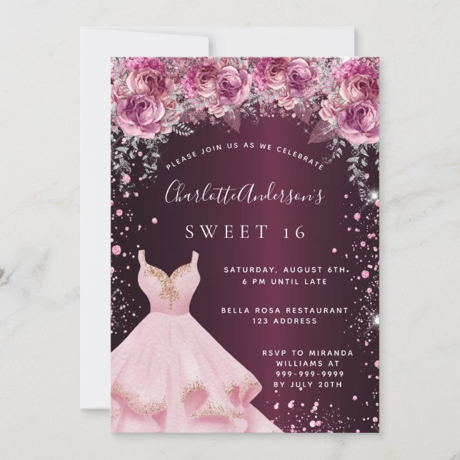 Sweet 16 rosa bordeauxfarbenes Kleid Glitzer mit B Einladung (Vorderseite)