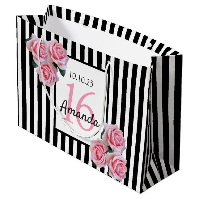 Sweet 16 rosa Florale Schwarz-weiße Streifen Große Geschenktüte (Rückseite Schrägansicht)