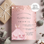 Sweet 16 Rosa-Funkelkleid mit Rosa Einladung<br><div class="desc">Eine moderne,  stilvolle und glamouröse Einladung zu einer Sweet 16. Geburtstagsfeier. Rosa Untergrund mit goldenen Rose-Glitzern und rosa Kleid. Der Name wird mit einem handgeschriebenen Stilskript geschrieben. Personalisieren Sie Ihre Party-Daten und fügen Sie sie hinzu.</div>