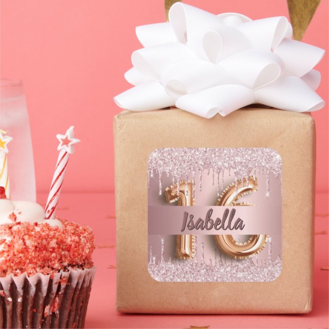 Sweet 16 rosa Glitzer Tropfen Name Quadratischer Aufkleber (Party)