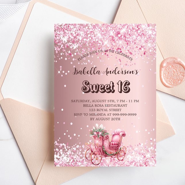 Sweet 16 rosa Kutsche elegant Einladungspostkarte (Von Creator hochgeladen)