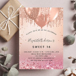 Sweet 16 Rosa Rosa Goldballons Einladungspostkarte<br><div class="desc">Eine Rose Gold und rot rosa Farbverlauf Hintergrund. Dekoriert mit Rose Gold,  rosa Imitat Glitzer Tropfen,  Farbe Tropfen Look und Ballons. Personalisieren und fügen Sie einen Namen und Party-Details hinzu. Der Name wird mit einem handgeschriebenen Stilskript geschrieben</div>