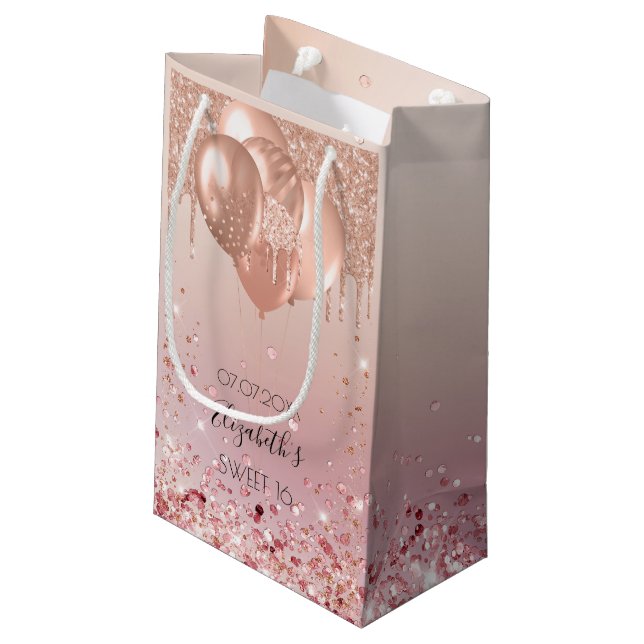 Sweet 16 Rosa Rosa Goldballons Kleine Geschenktüte (Rückseite Schrägansicht)