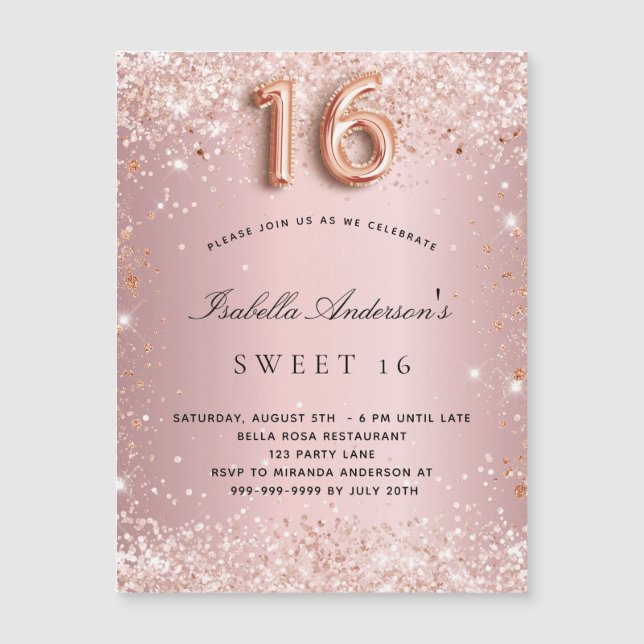 Sweet 16 Rosa Rosa Rosa Glitzer Magnet Einladung (Vorderseite)