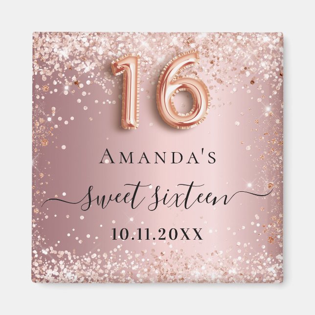 Sweet 16 Rosa Rosa Rosa Glitzer Staubname Magnet (Vorne)
